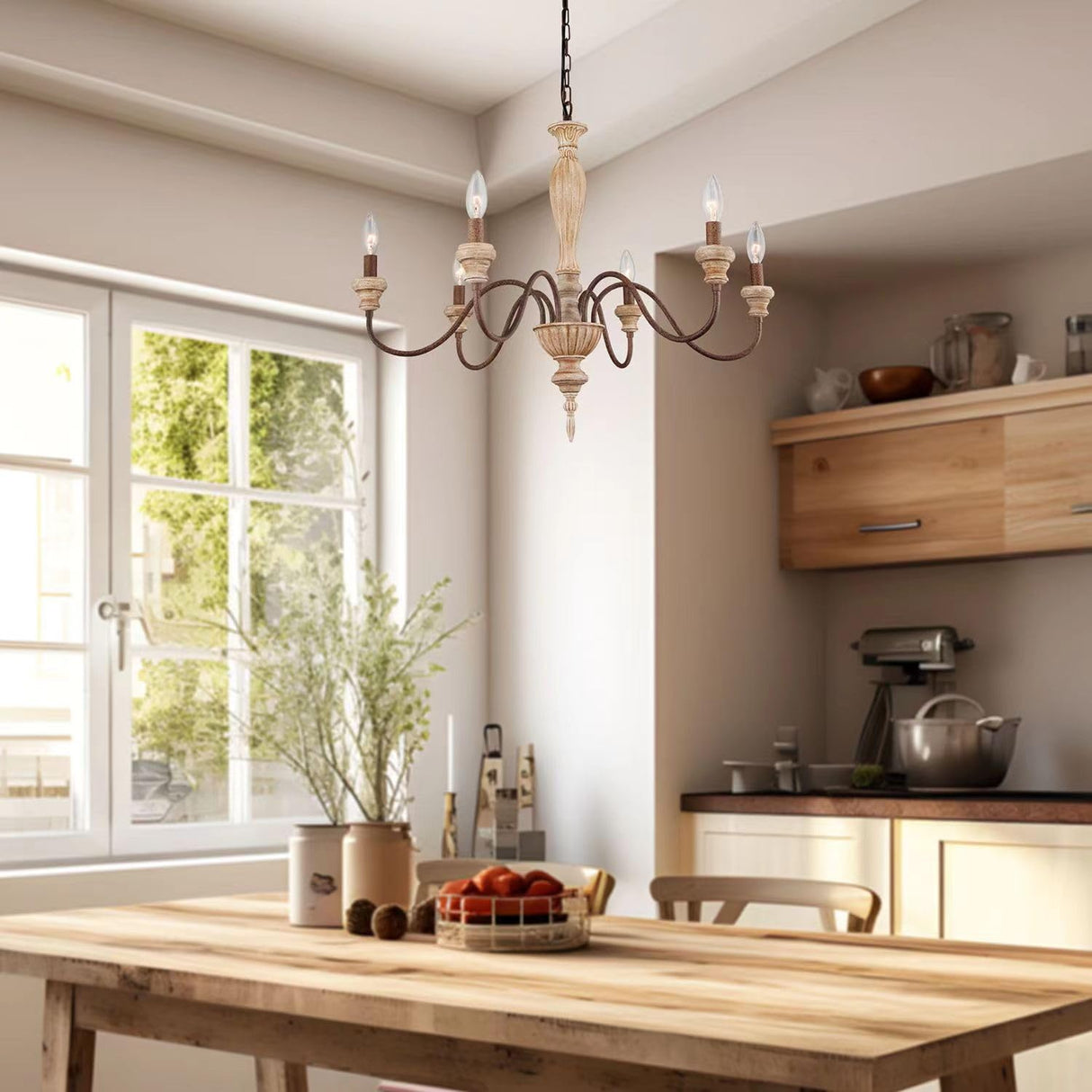 Fminlla French Country Chandelier 6-Lights Vintage Farmhouse Candle Style Chandelier Rustic Handmade Distressed Wood Chandelier for Dining Room Light Fixture, Living Room, Bedroom,Kitchen, E12 Fminlla