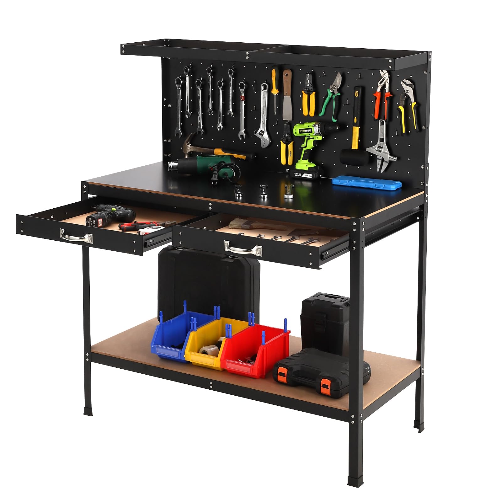 GarveeTech 56 Inch Workbench with Pegboard, Workbench Tool Storage Workshop Table with Drawers and Pegboard, 420lbs Weight Capacity - WoodArtSupply