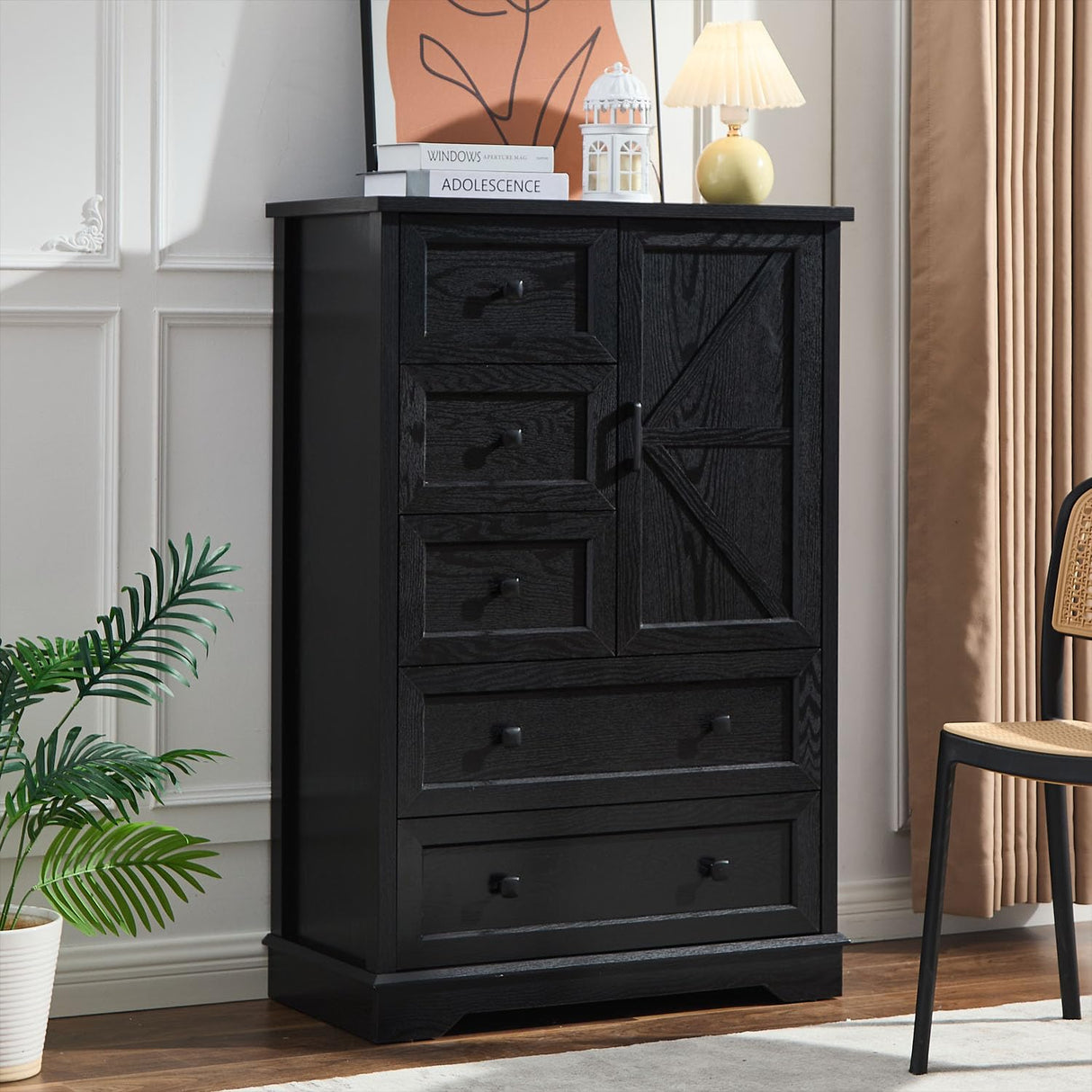 SOOWERY Dresser for Bedroom, 5 Drawer Wood Dresser, Black Dresser Farmhouse Dressers with 5 Wooden Drawers and Storage Cabinet, 48 Inch Tall Chest of Drawers for Bedroom, Living Room SOOWERY