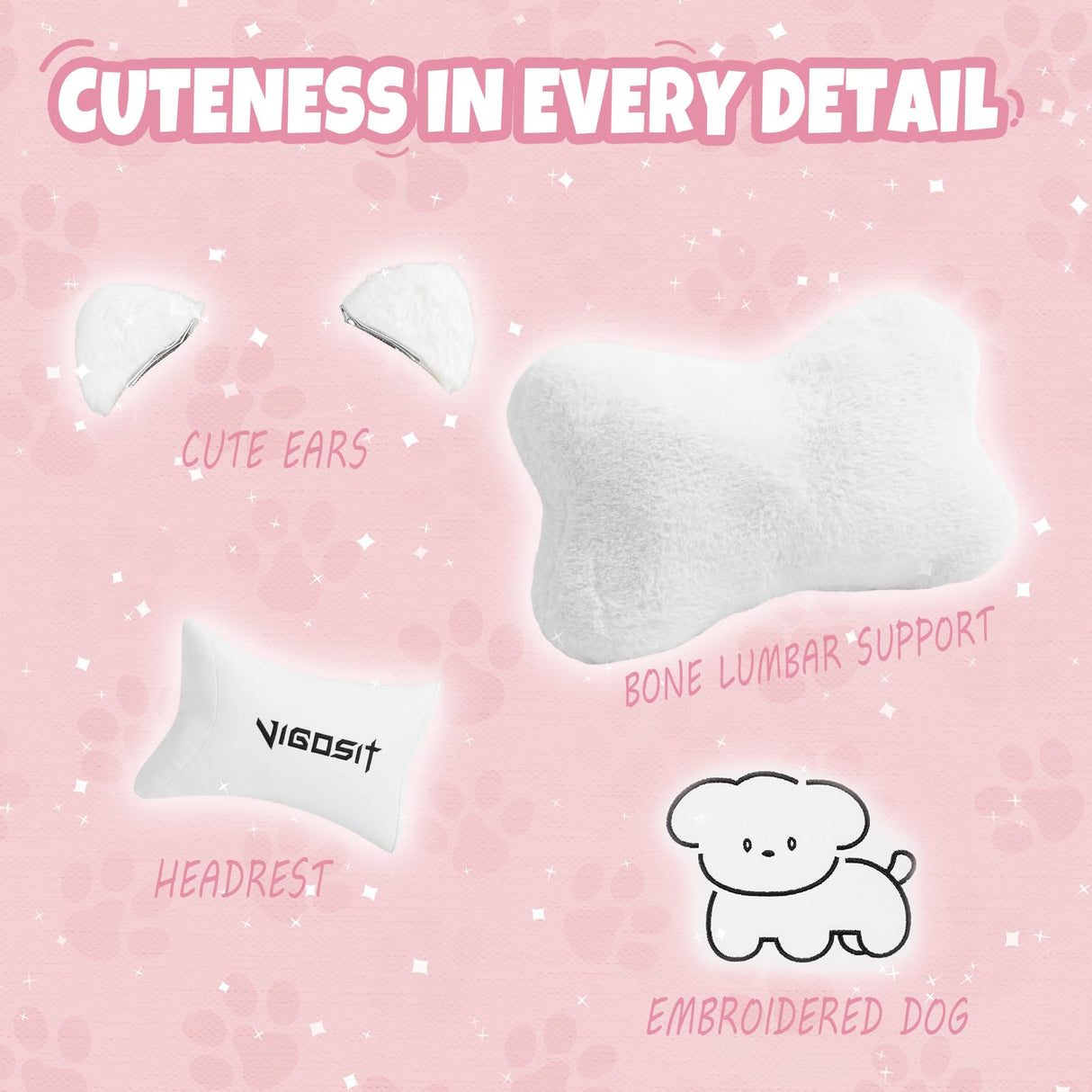 Vigosit Cute Gaming Chair with Lumbar Cushion and Decorated Ears, Ergonomic Computer Chair with Footrest, Reclining PC Game Chair for Girl, Teen, White Vigosit