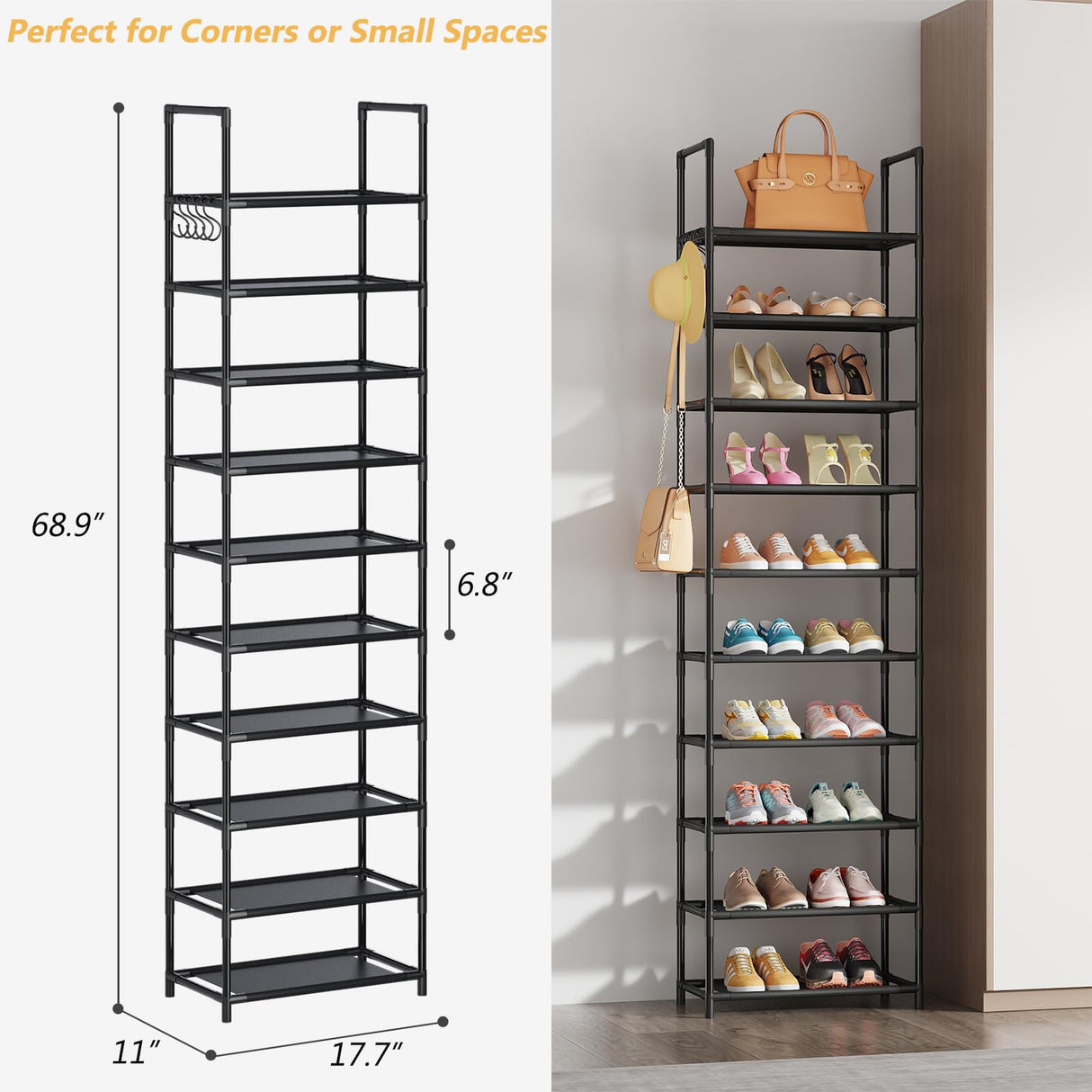 WOKKOW Narrow Tall Shoe Rack Organizer for Closet Entryway 10 Tier Vertical Shoe Storage Shelf Holds 20-25 Pairs with Hooks WOKKOW