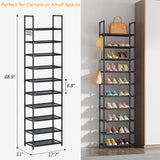 WOKKOW Narrow Tall Shoe Rack Organizer for Closet Entryway 10 Tier Vertical Shoe Storage Shelf Holds 20-25 Pairs with Hooks WOKKOW