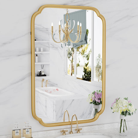 Ferytange Gold Bathroom Mirror for Wall 20" x 30" Modern Rounded Corner Rectangle Mirror with Non-Rusting Iron Metal Framed Bathroom Vanity Mirror for Over Sink Wall Decor(Horizontal/Vertical) Ferytange