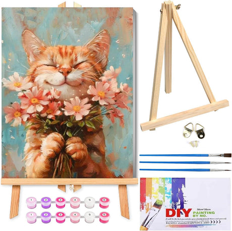 Cat Paint by Numbers Kit for Adults with Framed Canvas&Wooden Easel, DIY Acrylic Paint by Numbers Kits on Canvas, Cat with Flower Drawing Paintwork Arts and Crafts for Home Wall Decor 12x16inch Clendo