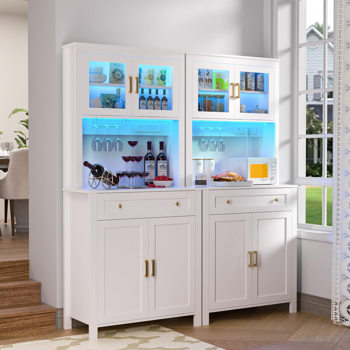 Yeyawomy 72" Tall Kitchen Pantry Cabinet with LED Light and Power Outlets, Farmhouse Large Storage Cabinet, Microwave Stand with Storage, Adjustable Cabinet Shelf, Kitchen Pantry White Modern Style Yeyawomy