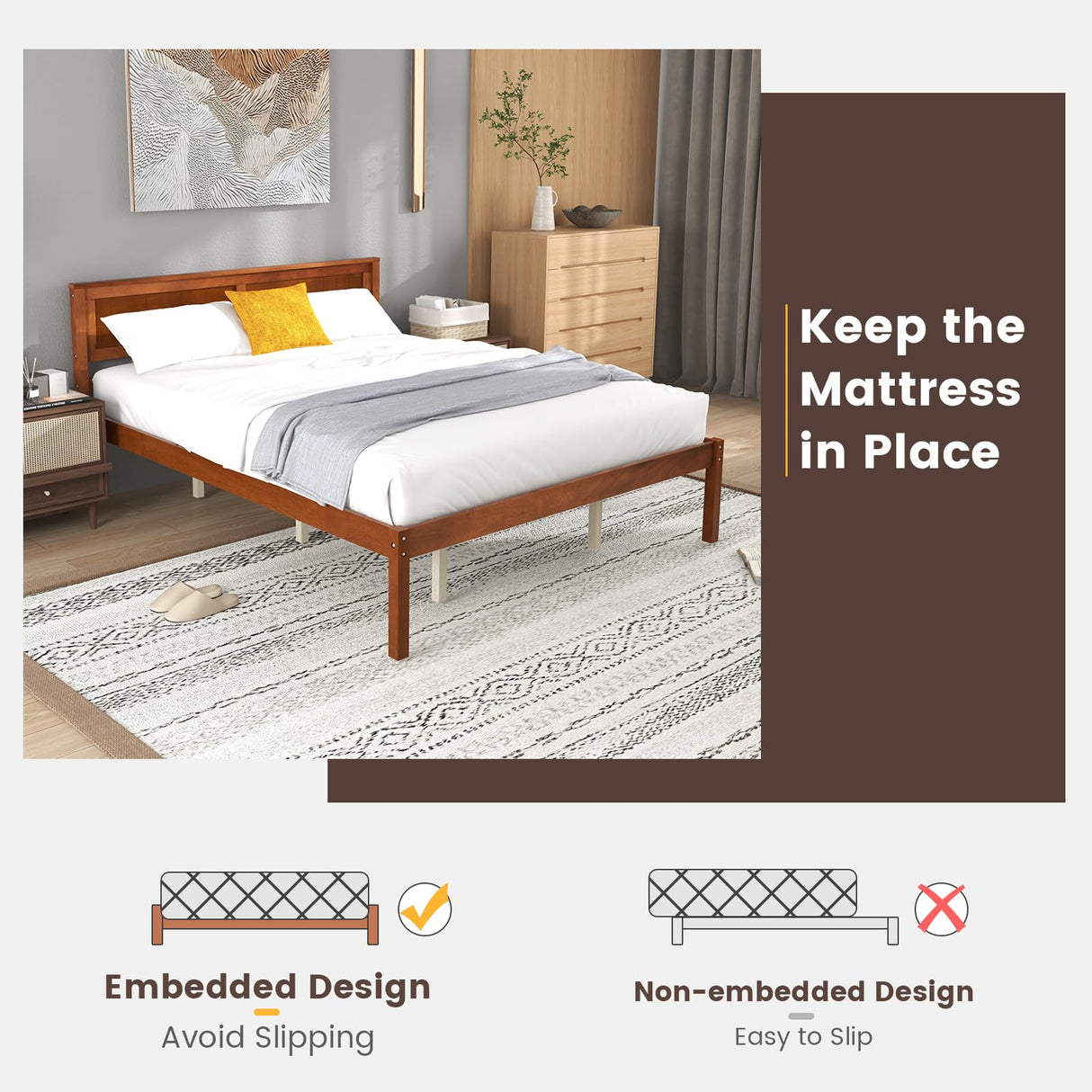 KOMFOTT Queen Size Wood Platform Bed Frame with Headboard, Solid Wood Bed Frame with Slat Support, 10-Leg Support, Under Bed Storage, 16” Mattress Foundation Bedroom Furniture, No Box Spring Needed KOMFOTT