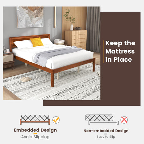 KOMFOTT Queen Size Wood Platform Bed Frame with Headboard, Solid Wood Bed Frame with Slat Support, 10-Leg Support, Under Bed Storage, 16” Mattress Foundation Bedroom Furniture, No Box Spring Needed KOMFOTT