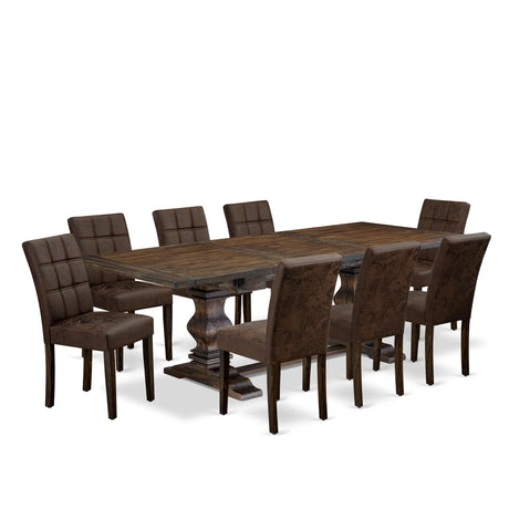 East West Furniture LAAS9-07-T25 9 Piece Table Set Consists A Wood Dining Table and 8 Black Textured Polyester Fabric Parson Dining Chairs, Distressed Jacobean East West Furniture