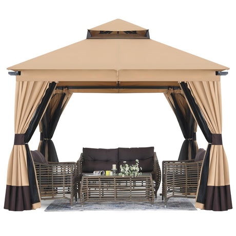 MASTERCANOPY 10x10FT Outdoor Patio Gazebo with Double Roofs, Mosquito Netting and Privacy Screens for Backyard, Garden, Lawn, Beige MASTERCANOPY
