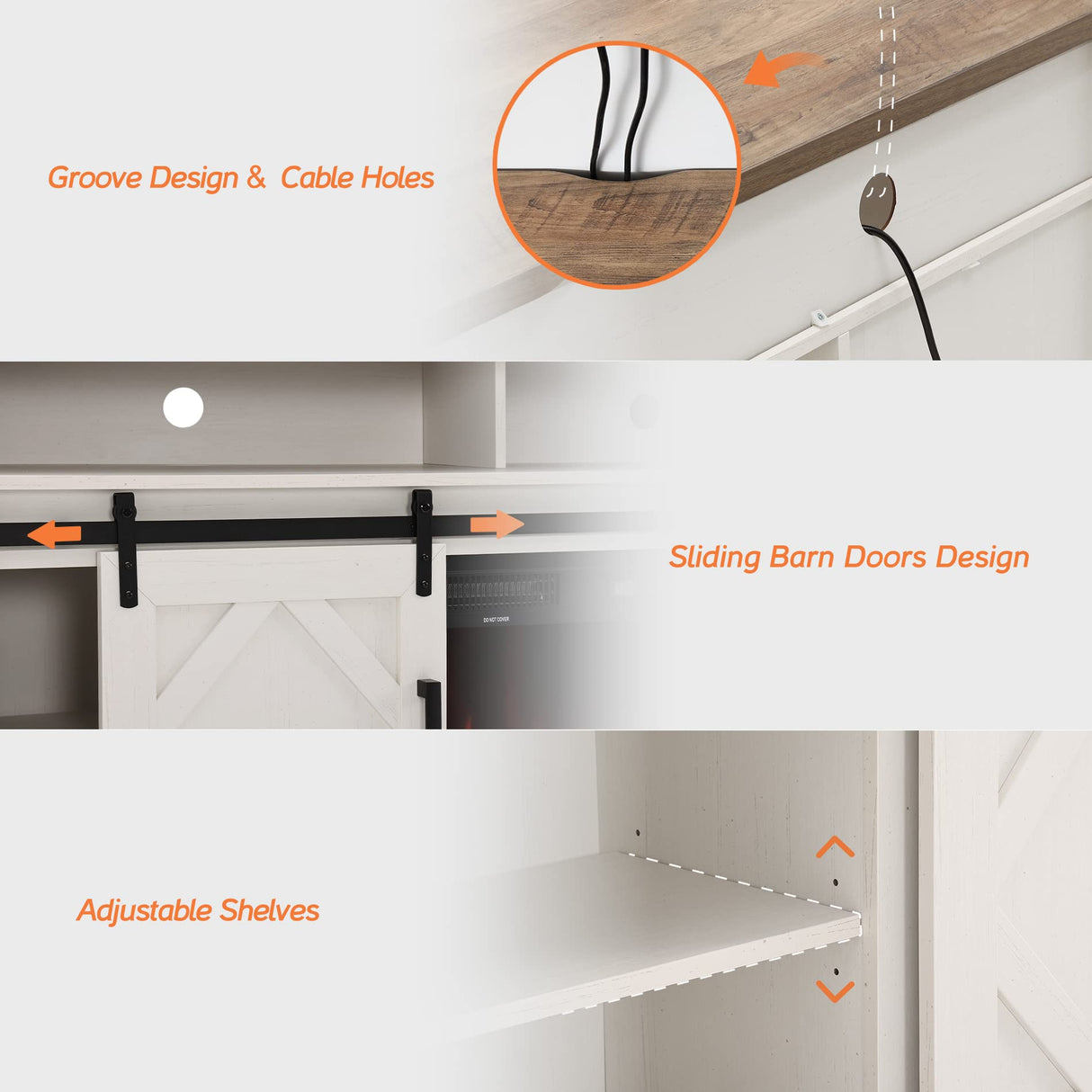 WAMPAT Fireplace TV Stand for TVs Up to 85 Inch, Farmhouse Wood Highboy Electric Fireplace Entertainment Center with Open Storage 2 Heating Mode and 5 Brightness for Living Room, Antique White WAMPAT