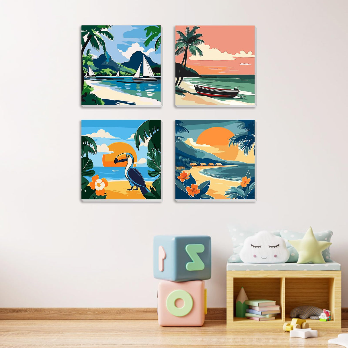 MXJSUA 4 Pack Beach Sea View Paint by Numbers Kit with Framed Canvas for Ages 6-12 Kids, Paint by Numbers Kits for Adult Beginners, Acrylic Oil Painting for Home Wall Decor Gift (8x8 inch) MXJSUA