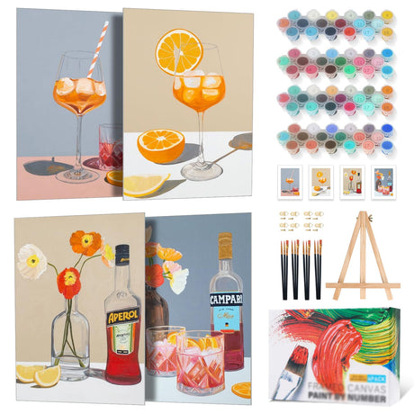 4 Pack Framed Paint by Numbers Kit for Adults Beginner with Wooden Easel, Cocktail Paint by Number Kits with Frame, DIY Acrylic Wine Glass Painting by Numbers for Home Wall Decor Gift 8x12 inch Yezavesu