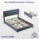 BedsPick Queen Size Bed Frame with LED Lights, Velvet Upholstered Platform Queen Bed Frame with 4 Storage Drawers and Adjustable Headboard, No Box Spring Needed Queen Bedframe, Noise Free, Light Grey BedsPick