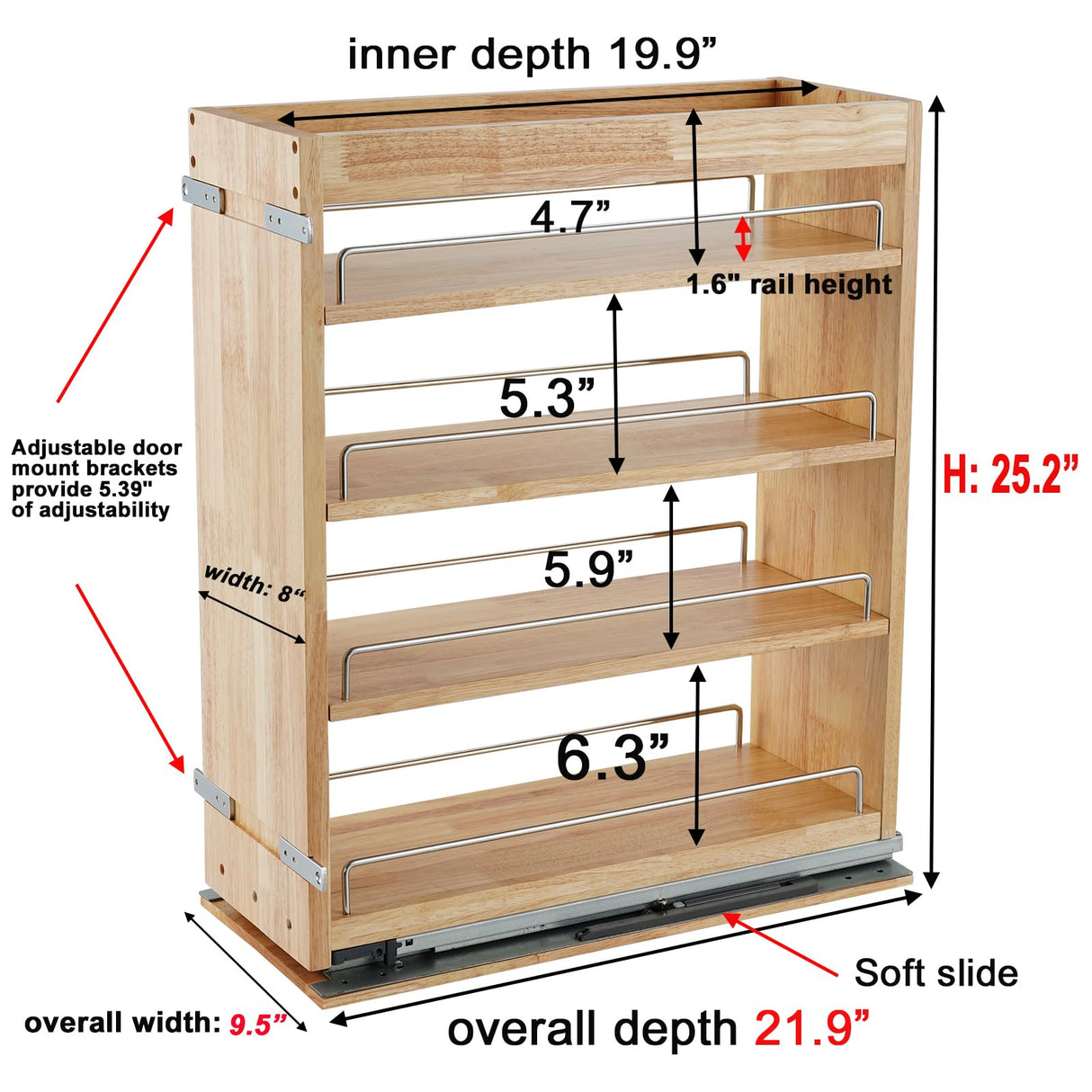 DINDON Pull Out Spice Rack Cabinet Organizer, (8" W x 21.9" D x 25.2" H) Multi-Use Soild Wood Pull Out Cabinet Organizer Slide Out Shelf Sliding Base Cabinet Storage Organization DINDON