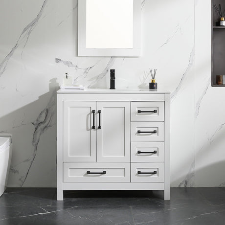 LUCKWIND 36" Bathroom Vanity and Sink Combos, Modern Bathroom Storage Cabinet with Ceramic Sink, Matte Black Faucet and 5 Drawers, Mirror is NOT Included, White LUCKWIND