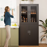 Yizosh Metal Storage Cabinet with Glass Doors - 71" Locking Display Cabinet with 2 Adjustable Shelves, 4-Tier Tall Steel Cabinet Locker for Kitchen, Living Room, Dining Room (Black) Yizosh
