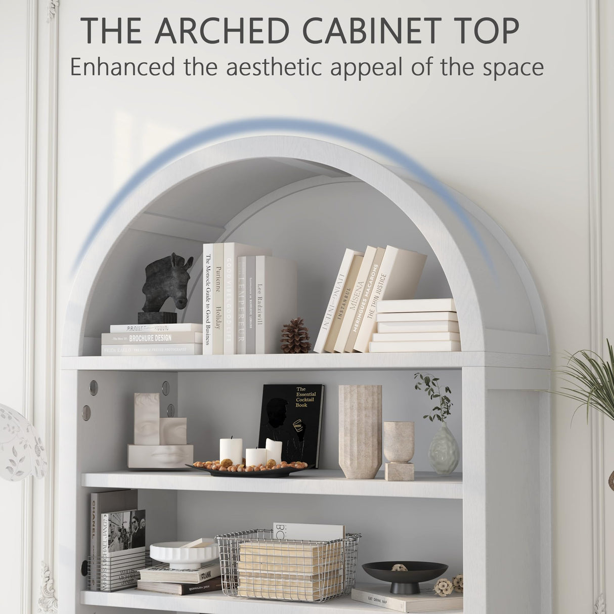 TIMWNER 71” Arched Bookshelves, Tall Wood Bookcase with Lower Cabinet, Modern Pantry Storage Cabinet Bookshelf for Kitchen, Living Room,Office,White TIMWNER