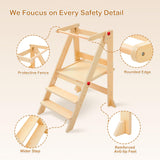 Foldable Toddler Tower with Safety Rails, 3-Level Adjustable Height Standing Kitchen Stool Helper with Safety Feet, Montessori Learning Tower for Toddlers Aged 1-6，Natural Cheete