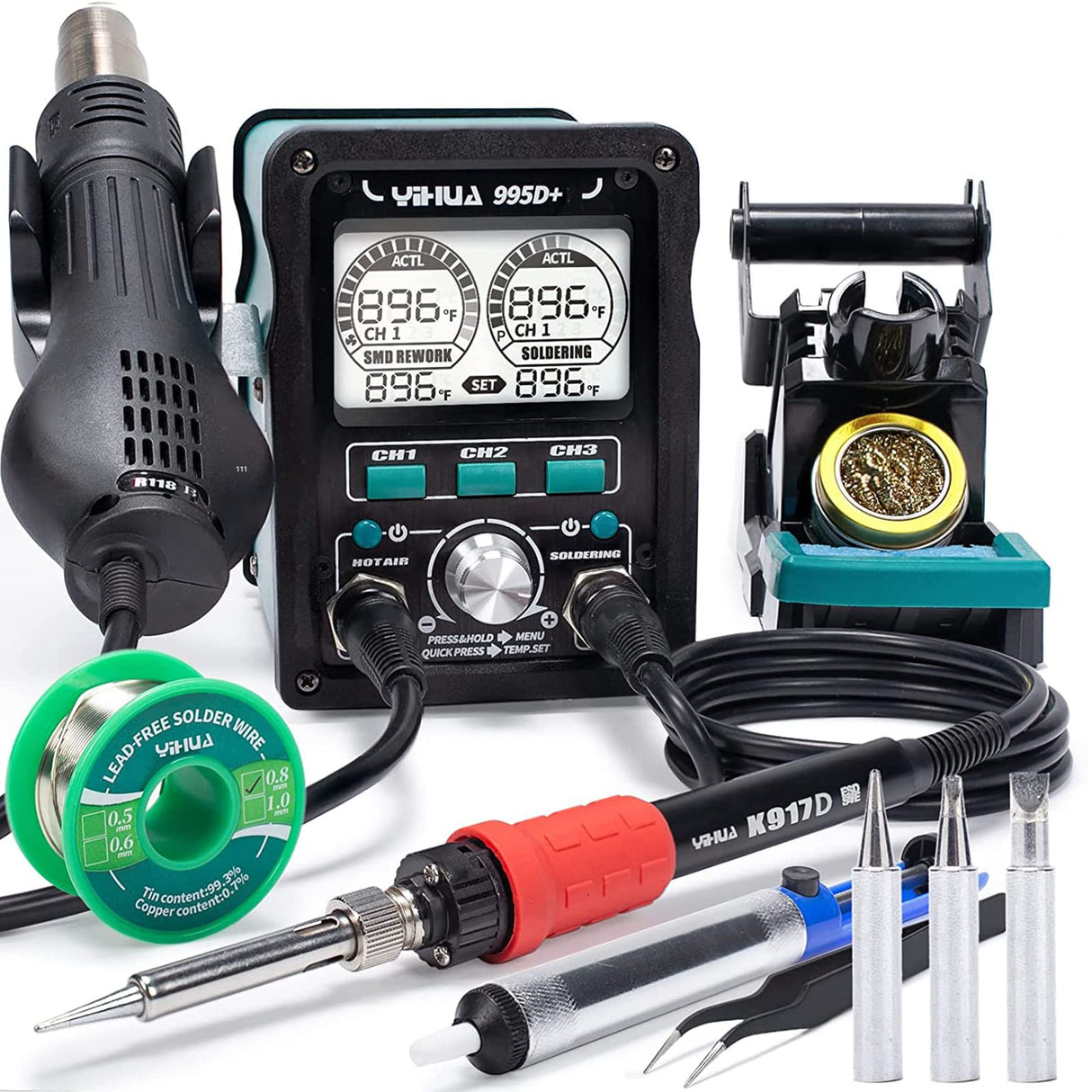 YIHUA 995D+ EVO Soldering Hot Air Station Kit 2-IN-1 110W Soldering Iron with LCD Display, Power Meter, Preset Channels, Sleep Mode, °C-°F Conversion, Automatic Shutdown Functions YIHUA