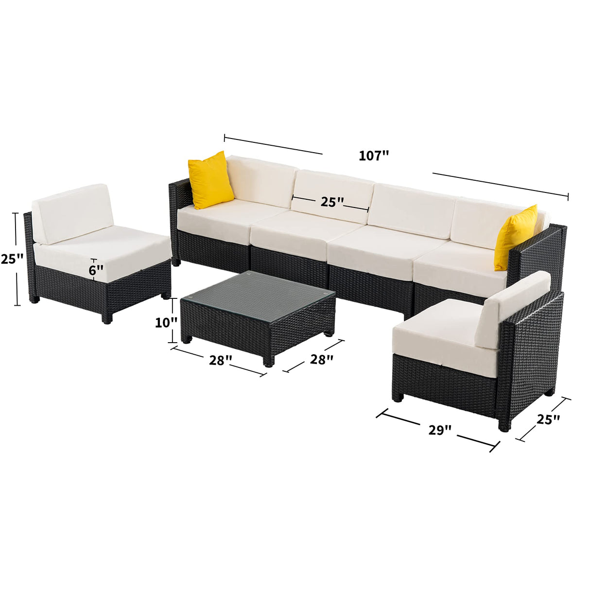 MCombo Patio Furniture Sets 7 Pieces Outdoor Wicker Sectional Sofa Set, PE Rattan Aluminum Frame Conversation Sets with Washable Cushion and Glass Table for Garden, and Backyard, 6080-7PC (White) MCombo