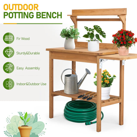 Outdoor Garden Potting Bench Table, Wooden Horticulture Planting Worstation with Metal Tabletop, 2 Drawers, Storage Shelf, 3 Hooks, Natural Wood (115 * 45.5 * 130CM) Generic