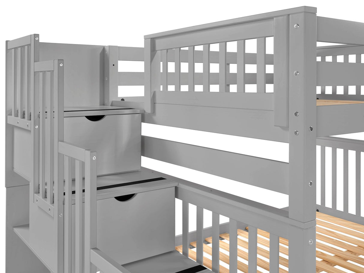 Bedz King Stairway Bunk Beds Full over Full with 4 Drawers in the Steps and a Full Trundle, Gray Bedz King