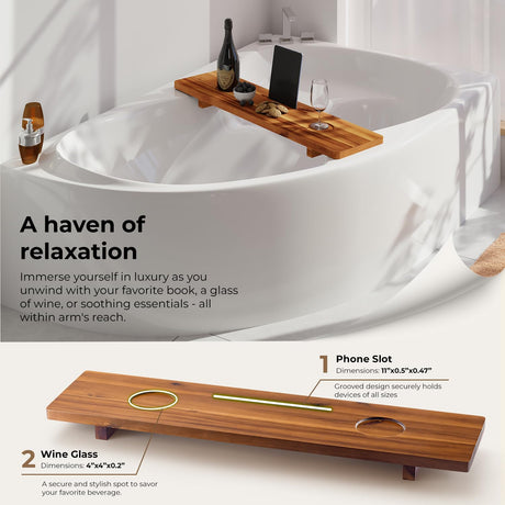 Tinamo Acacia Bathtub Caddy Tray Table | 35x9 Inch Large Bath Tub Tray Wooden | Anti-Tipping, Sustainable Tub Tray for Bathtub | Bathtub Accessories TINAMO