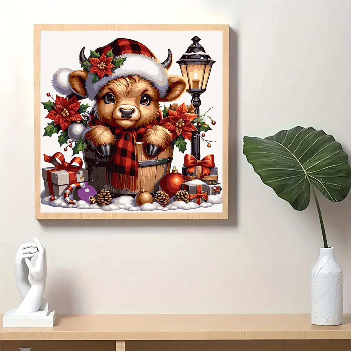 Christmas Cow Light Poinsettia Paint by Numbers for Adults, DIY Winter Paint by Numbers Kits for Adults Beginners Without Frame, Acrylic Paint on Canvas Painting Kits for Home Decor 16x16 Inch AWLNKMC