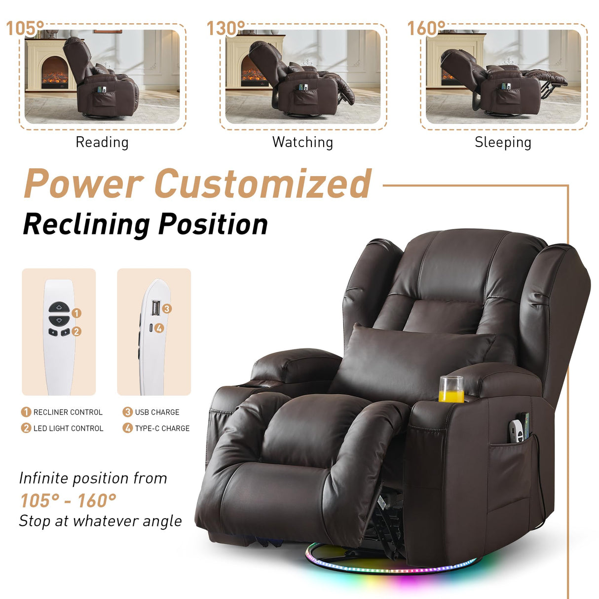 DRMBOOK Power Swivel Rocker Recliner Chairs, Electric Wall Hugger Reclining Sofa with Massage & Heat for Adults, Comfy Theater Seating Single Chair with LED Light/USB/Type-C Ports (Leather Brown) DRMBOOK