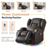 DRMBOOK Power Swivel Rocker Recliner Chairs, Electric Wall Hugger Reclining Sofa with Massage & Heat for Adults, Comfy Theater Seating Single Chair with LED Light/USB/Type-C Ports (Leather Brown) DRMBOOK