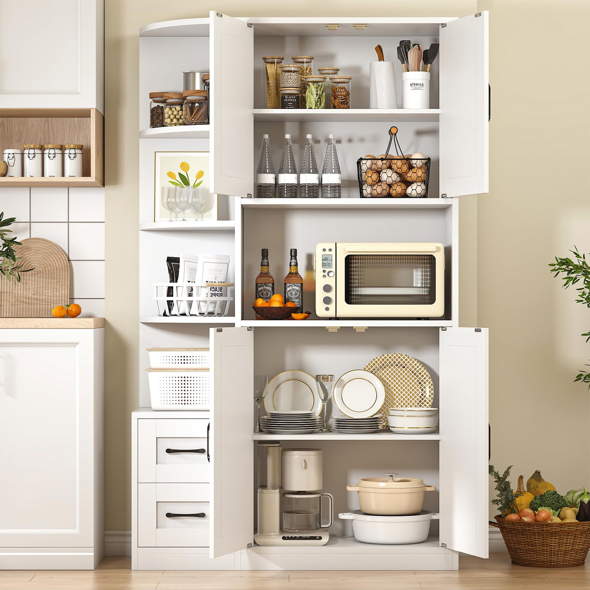 CBBPET 71" Pantry Cabinet with 5-Tier Open Shelf, Tall Kitchen Pantry Storage Cabinet with Microwave Stand, Farmhouse Kitchen Hutch with Storage Drawers for Living Room, Dining Room, White CBBPET