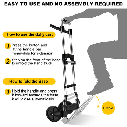 330 LB Capacity Folding Hand Truck Dolly Cart, Portable Aluminum Dolly Cart with Telescoping Handle and Rubber Wheels for Moving,Shopping,Travel,Office Use