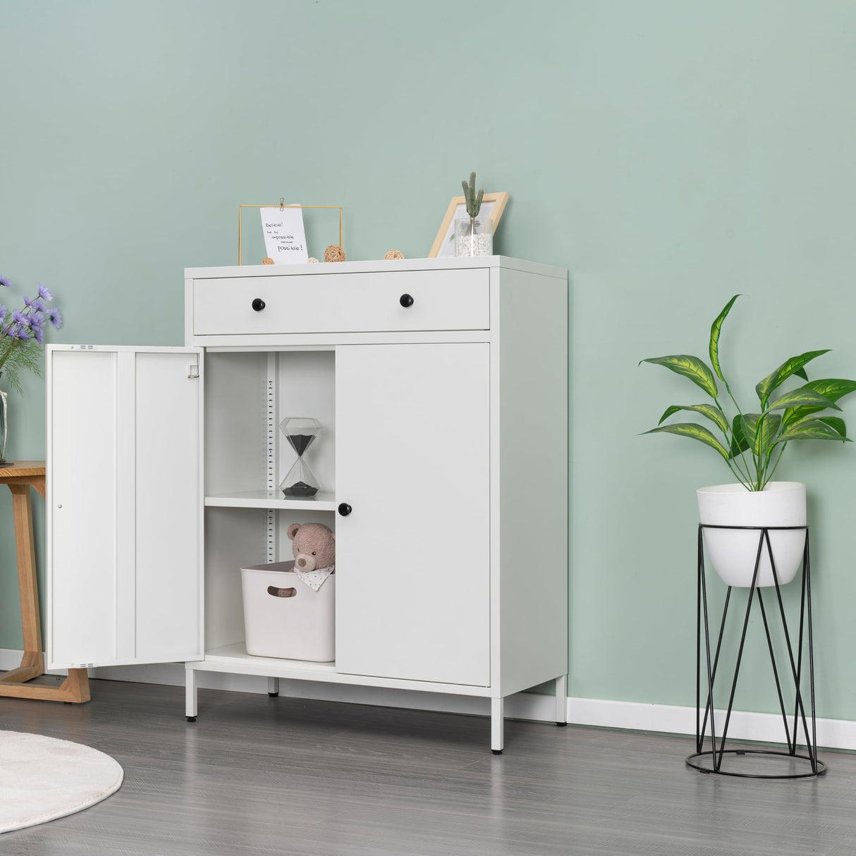 CJF Metal Storage Cabinet, Sideboard Buffet Cabinet with Drawer and Adjustable Shelf, Kitchen Storage Cabinet for Living Room, Dining Room, Bedroom, Entryway, Hallway CJF