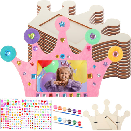 Blueweenly 12 Pcs DIY Picture Frame Painting Craft Kits for Kids Wooden Crown Princess Party Favors Paint and DIY Your Own Frame with 88 Cell Rhinestone Stickers 12 Color Paint for Girls Birthday Blueweenly