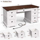 EnHomee 55" Computer Desk with 7 Drawers Farmhouse Computer Desk with Charging Station Home Office Desk for Study, Bedroom, Living Room, Office Desk,Desk,Brown+White,Dark Rustic Oak EnHomee