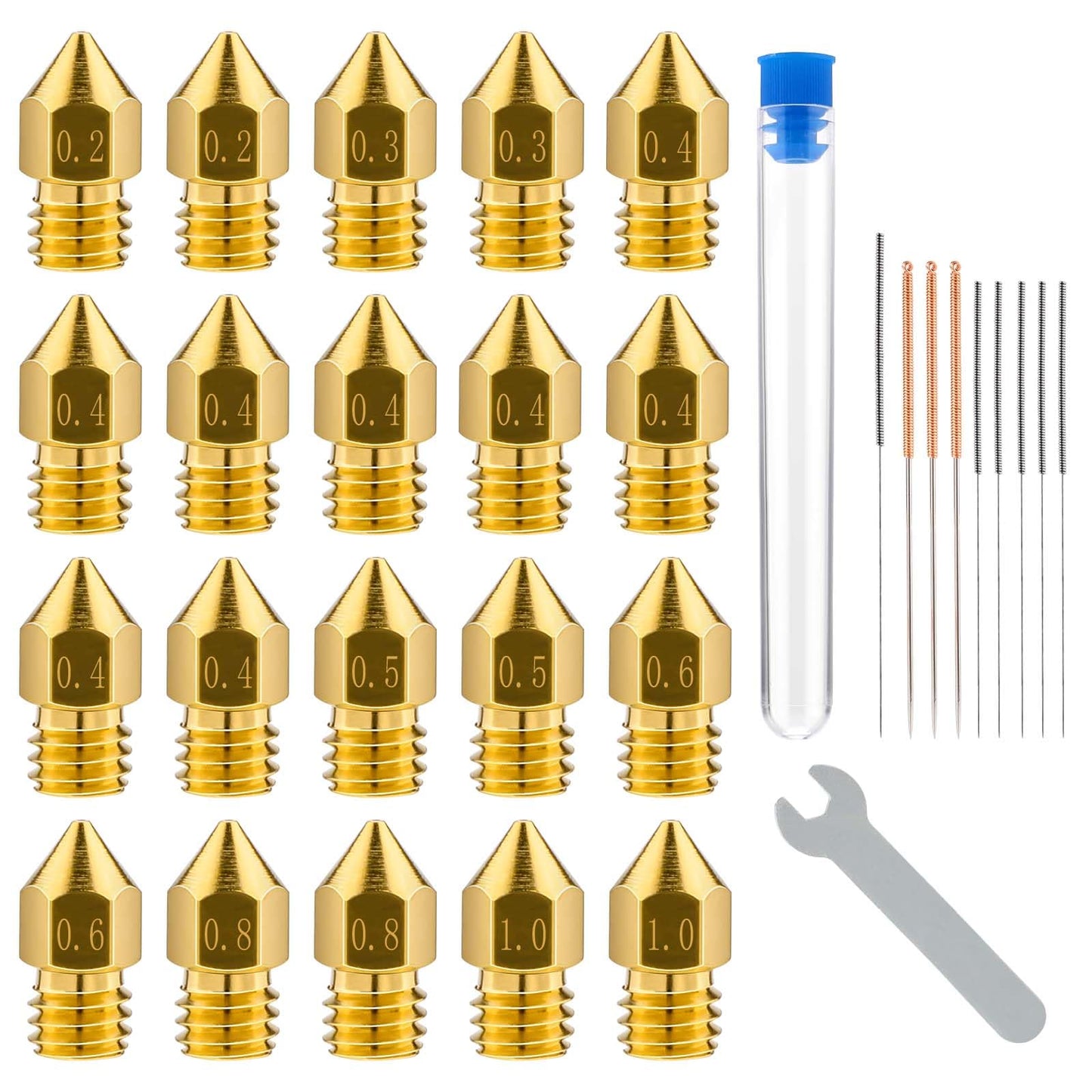 31pcs 3D Printer Nozzles, MK8 Nozzle Kit 0.2mm 0.3mm 0.4mm 0.5mm 0.6mm 0.8mm 1.0mm 3D Printer Brass Hotend Nozzles with Wrench Cleaning Tool Kit for Ender 3 Pro/V2 Extruder Printer Accessorie - WoodArtSupply