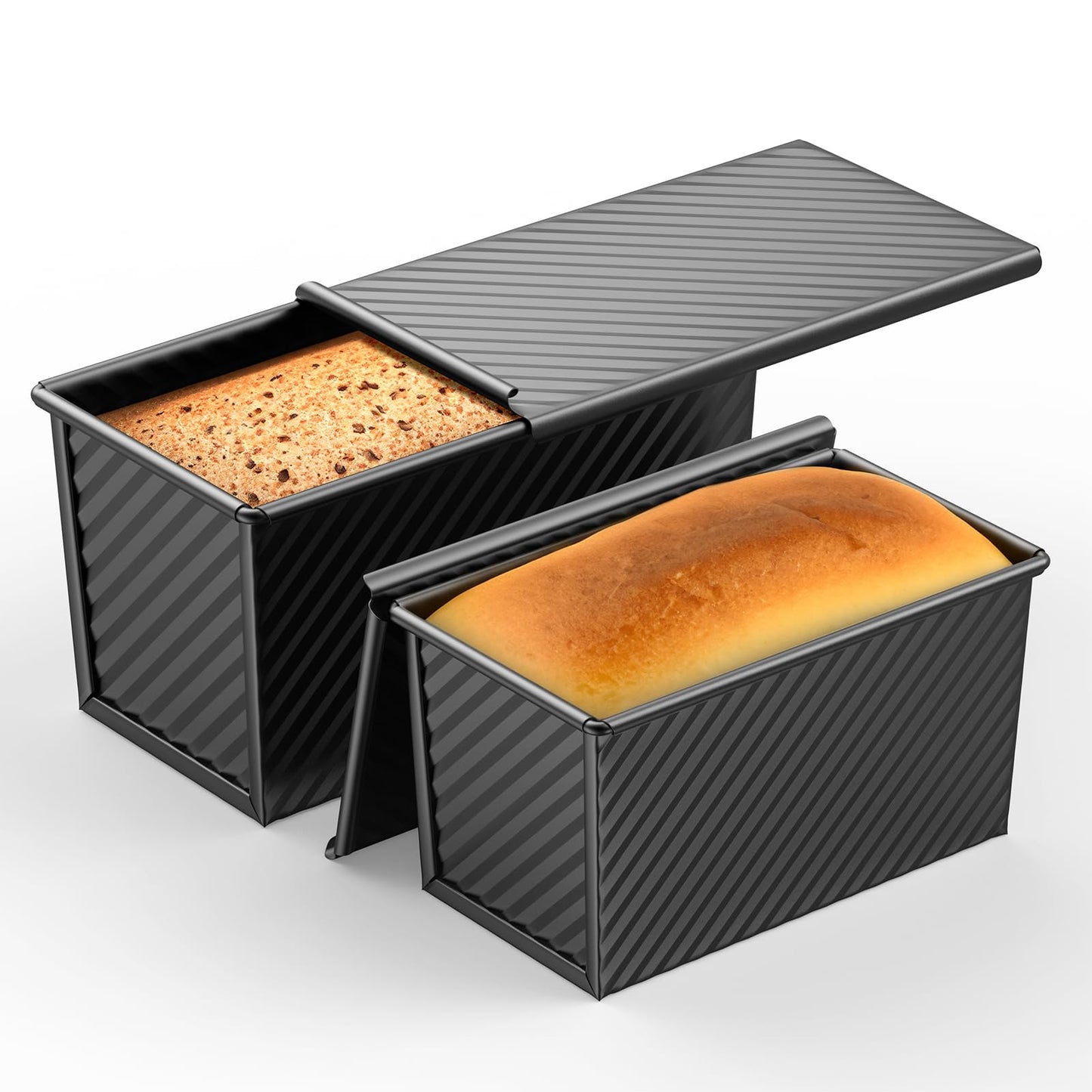 2 PCS Pullman Loaf Pan with Lid, 1Lb & 1/2 Lb Dough Capacity Bread Loaf Pans, Non-stick Coating, Carbon Steel Bread Mold, Bread Container, Toast Mold for Bakeware, Sandwich & Toast Oven Baking, Black