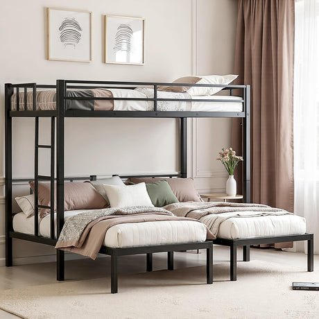 Mixcous Heavy Duty Triple Bunk Bed, Twin Over Twin Over Twin with Guardrails and Ladder, Metal Bunk Bed for 3, 3 Bed Teens and Adults, No Box Spring Needed, Black Mixcous