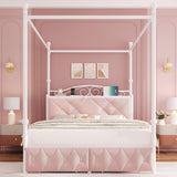 Full Upholstered Canopy Bed Frame with 2 Drawers & Crystal Tufted Storage Headboard Two-Purpose Metal Platform Bed with 4 Removable Posts & Charging Station Pink Princess Bed, Curtain Not Included Keyluv