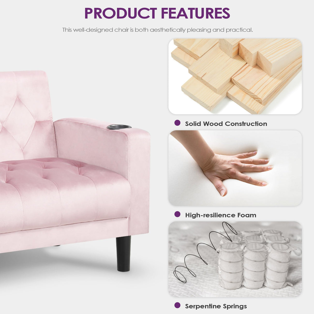 TYBOATLE Mid-Century Modern Sectional Sofa Sets 2 Pieces, Tufted Linen Fabric USB Loveseat Couch w/ 2 Cupholders and Accent Arm Chairs for Living Room, Bedroom, Apartment (Pink) TYBOATLE