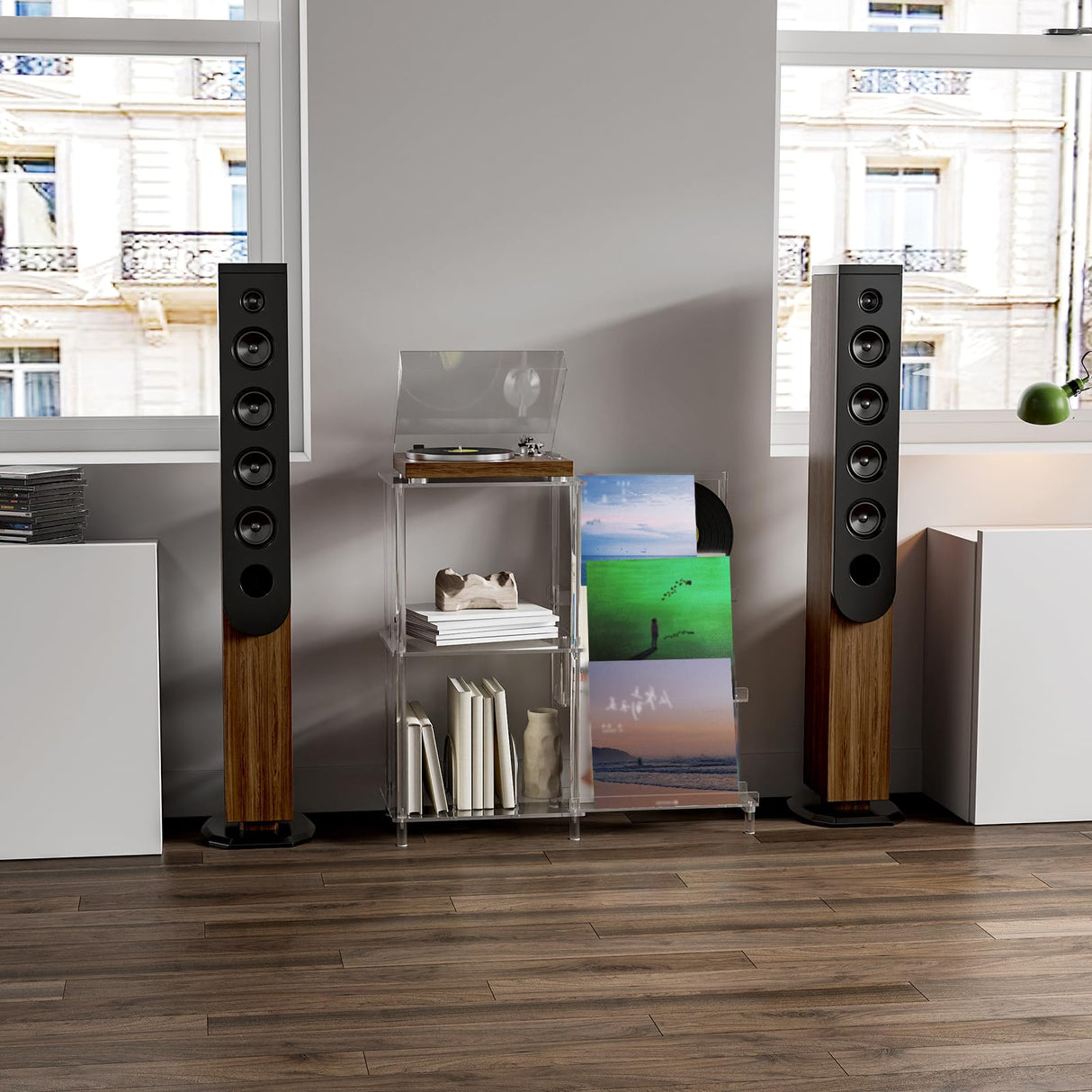 HMYHUM Acrylic Record Player Stand with Vinyl Storage, 3-Tier Record Player Table with Record Holder, Holds Up to 200 Albums, with Dividers, Modern, Clear HMYHUM