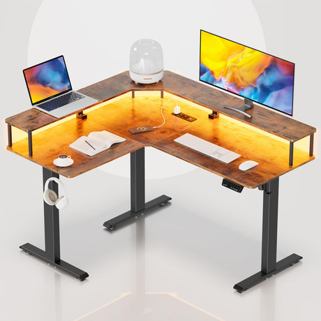 Mr IRONSTONE L Shaped Electric Standing Desk Height Adjustable Sit Stand Desk with LED Light and Power Outlet, 55" Computer Desk with Monitor Riser Mr IRONSTONE