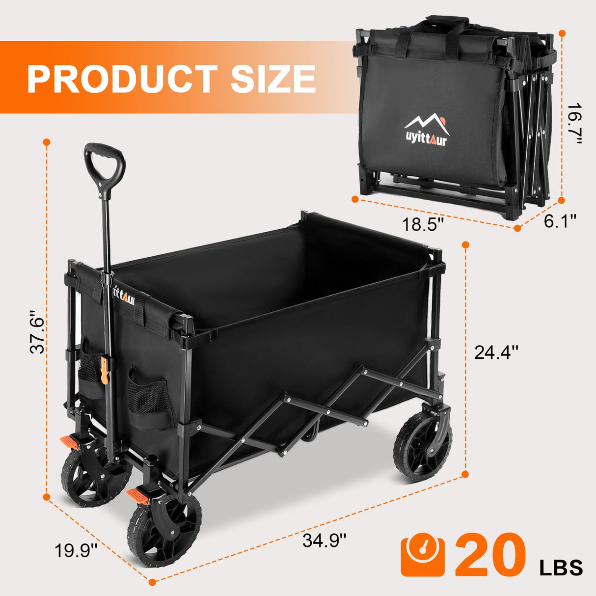 Uyittour Collapsible Wagon Cart Heavy Duty Foldable, Portable Folding Wagon with Ultra-Compact Design, Utility Grocery Wagon for Camping Sports Shopping, Black Uyittour