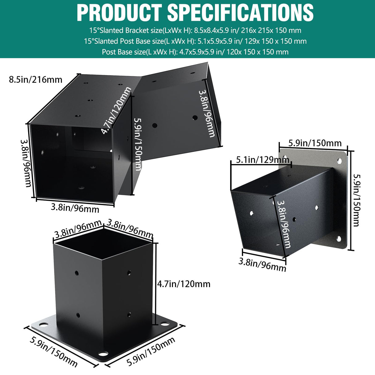 Kinchoix Pergola Brackets, 2 Pack Woodworks Pergola Kit 15° 3-Way Right Angle Corner Bracket with Pergola Post Base for 4x4'' (Actual: 3.5x3.5'') Wood Beams Elevated Wood Stand Kit 6 Pc Kinchoix