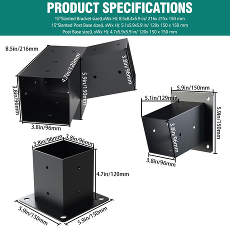 Kinchoix Pergola Brackets, 2 Pack Woodworks Pergola Kit 15° 3-Way Right Angle Corner Bracket with Pergola Post Base for 4x4'' (Actual: 3.5x3.5'') Wood Beams Elevated Wood Stand Kit 6 Pc Kinchoix