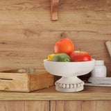 Amyhill Distressed Beaded Wood Pedestal Bowl Decorative Wooden Beaded Bowl Wood Pedestal Bowl Beaded Serving Bowl for Farmhouse Kitchen Decor (White) Amyhill