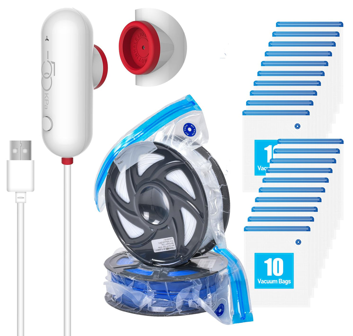 Vacbird 3D Filament Storage Bags Kit with Portable USB Pump, 20 Pack Vacuum sealling Bags, Keep Dry and Dust Proof Vacbird