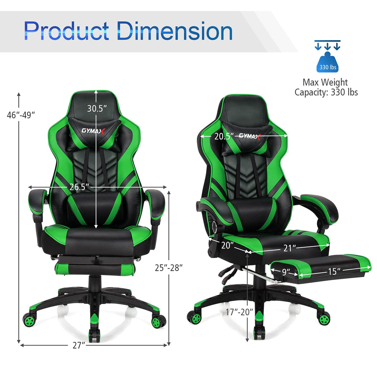 Green Gaming Chair Ergonomic Computer Chair for Adults Teens Reclining Gamer Chair High Back Game Chair Racing Style Desk Chair with Retractable Footrest, Lumbar Support and Headrest TOMANOR