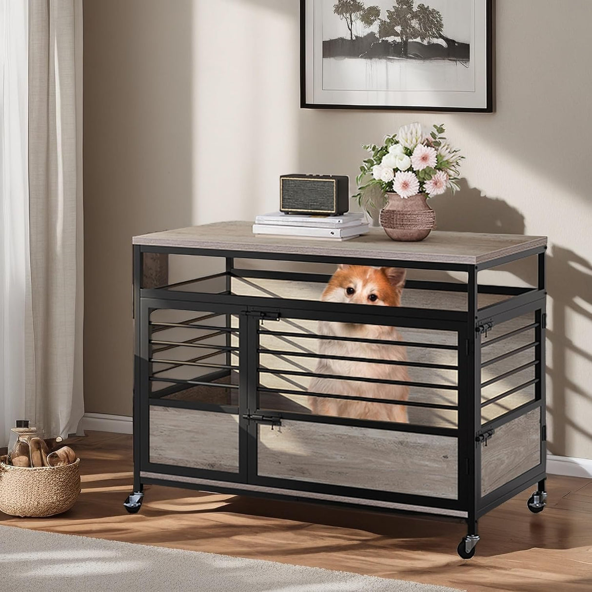 YITAHOME 39" Dog Crate Furniture with Wheels, Heavy Duty Wood Dog Cage Table with Double-Doors Chew-Resistant Farmhouse Decorative Wooden Dog Kennel Indoor for Large and Medium Dogs, Grey YITAHOME