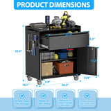 GangMei Metal Garage Storage Cabinet with Wheels and Pegboard, 35.4" H Lockable Tool Storage Cabinet with One Drawer, Adjustable Shelf and 4 Hooks for Garage, Warehouse, Black GangMei